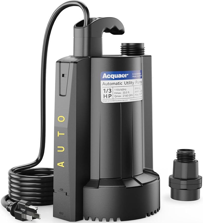 Acquaer Submersible Water Pump 1/3 HP 2160 GPH Sump Pump High Flow Utility Pump Removal for Swimming Pool Cover Hot Tubs Flooded House Basement with 10ft Long Power Cord, 115V Automatic Water Pump - Image 1